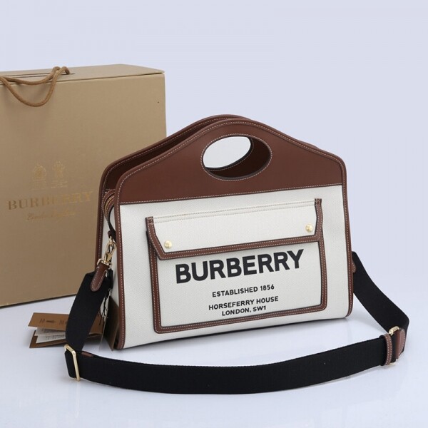 위핑,버버리 BURBERRY 투톤 캔버스 레더 스몰 포켓 토트 80367841